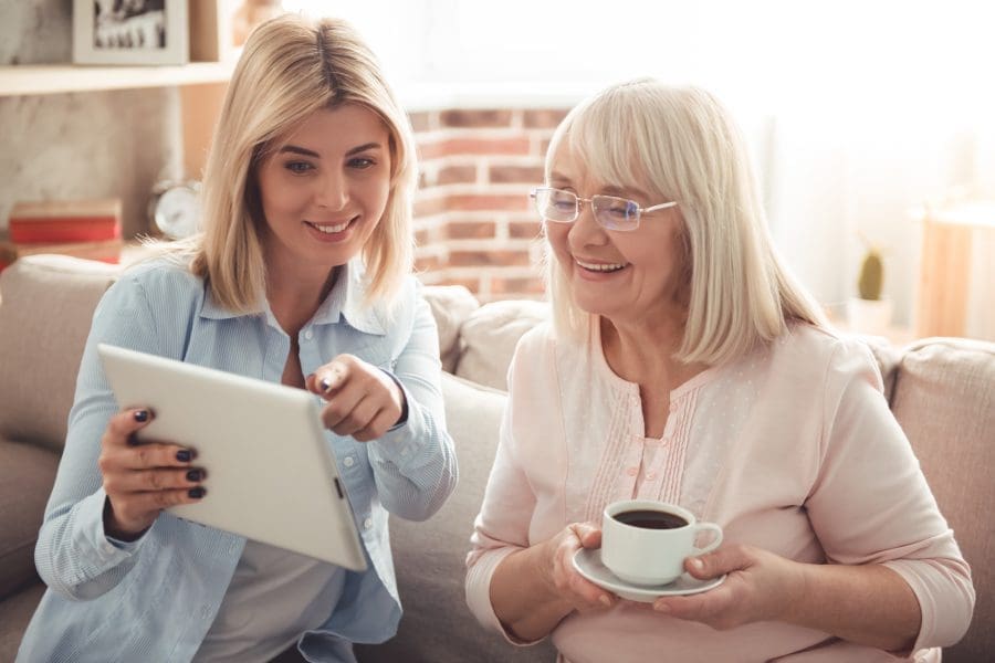 A mother talking to her adult daughter.