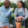 A couple laughing together while gardening.